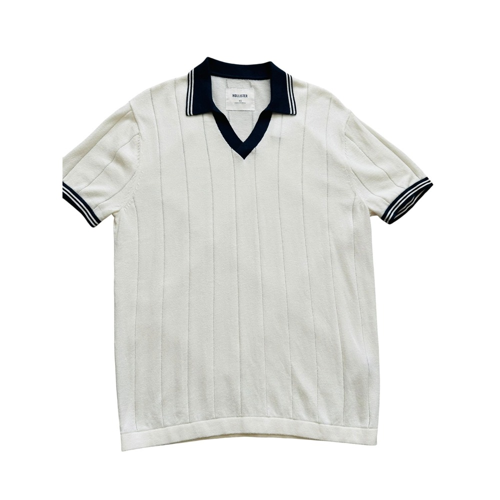 Retro Hollister Knit V-Neck Polo Shirt XS Cream Navy Striped Old Money Preppy